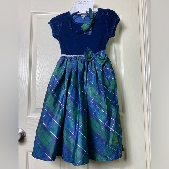 Tahari | NWT Girl’s Blue Green Plaid Velvet Dress & Matching Headband - 8 - Picture 2 of 9